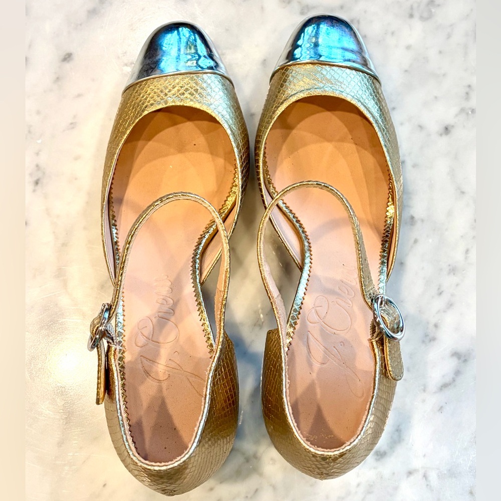 J Crew Millie maryjane heels, snake-embossed gold leather, silver cap toes,8.5 - Picture 7 of 16